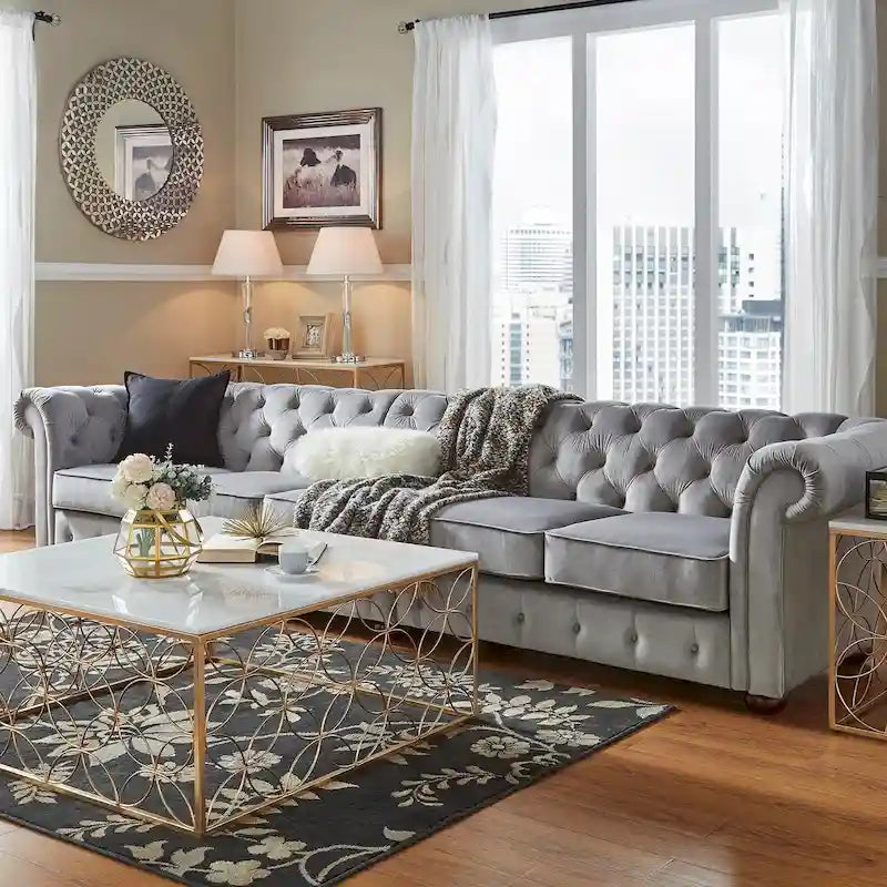 Divano Chesterfield Extra Lungo Grigio Chiaro