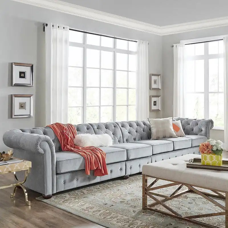 Divano Chesterfield Extra Lungo Grigio Chiaro
