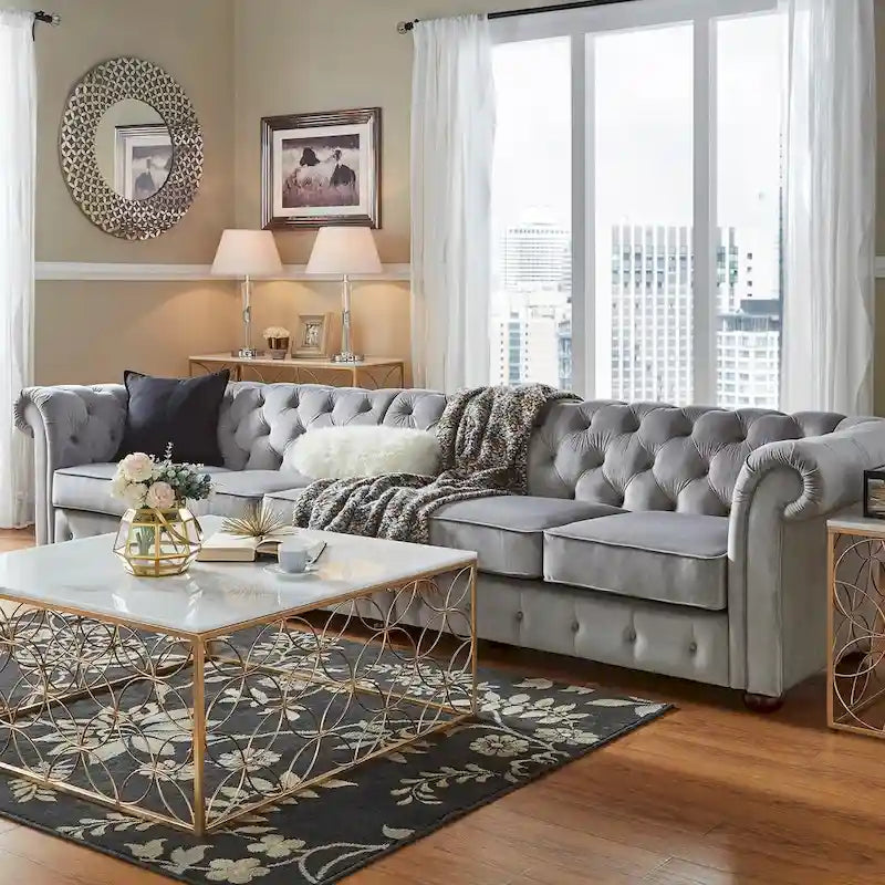 Divano Chesterfield Extra Lungo Grigio Chiaro