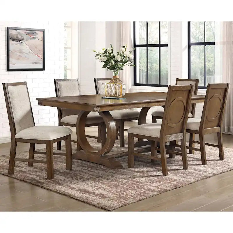 Set da pranzo espandibile 7 pezzi in rovere rustico di transizione con sedie imbottite