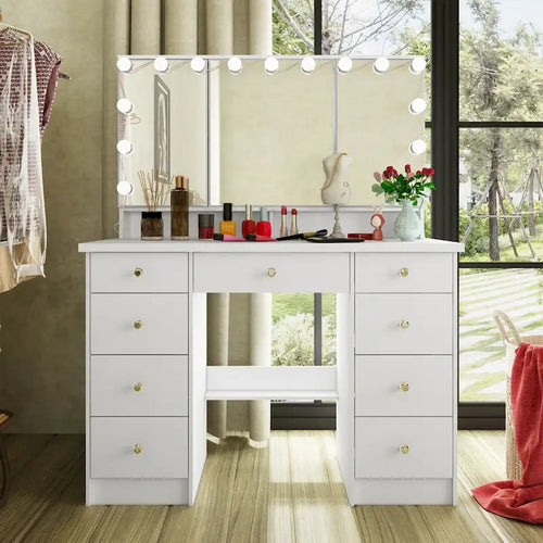 3-Mirror Vanity Table Stylish 9-Drawer Makeup Organizer Dressing Desk