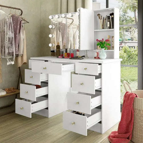 3-Specchio Tavolo da Trucco Elegante con 9 Cassetti Organizzatore Scrivania Toeletta