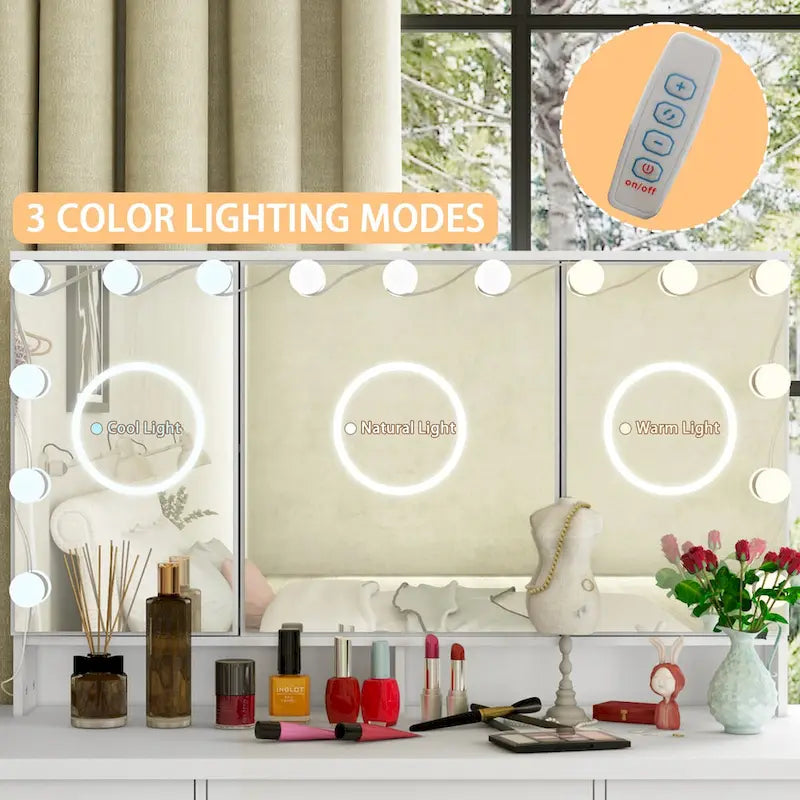 3-Specchio Tavolo da Trucco Elegante con 9 Cassetti Organizzatore Scrivania Toeletta