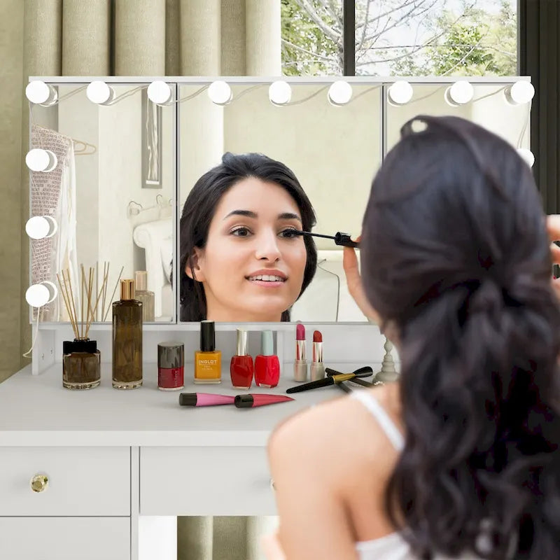 3-Specchio Tavolo da Trucco Elegante con 9 Cassetti Organizzatore Scrivania Toeletta