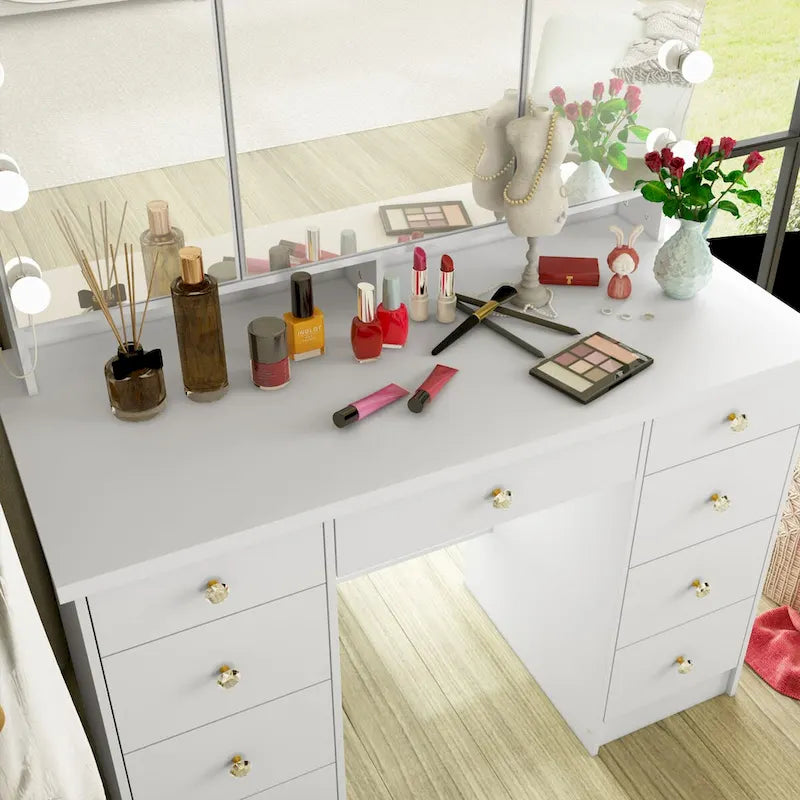 3-Specchio Tavolo da Trucco Elegante con 9 Cassetti Organizzatore Scrivania Toeletta