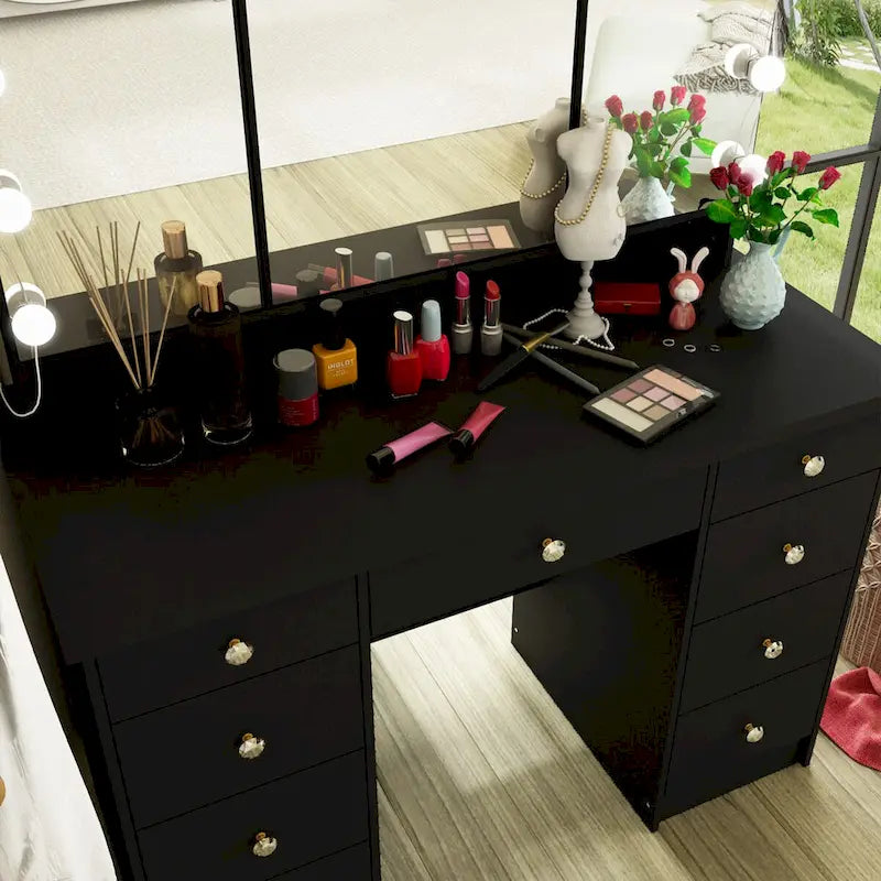 3-Specchio Tavolo da Trucco Elegante con 9 Cassetti Organizzatore Scrivania Toeletta