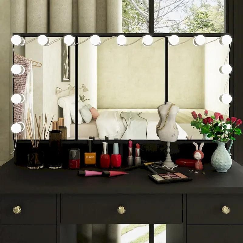 3-Specchio Tavolo da Trucco Elegante con 9 Cassetti Organizzatore Scrivania Toeletta