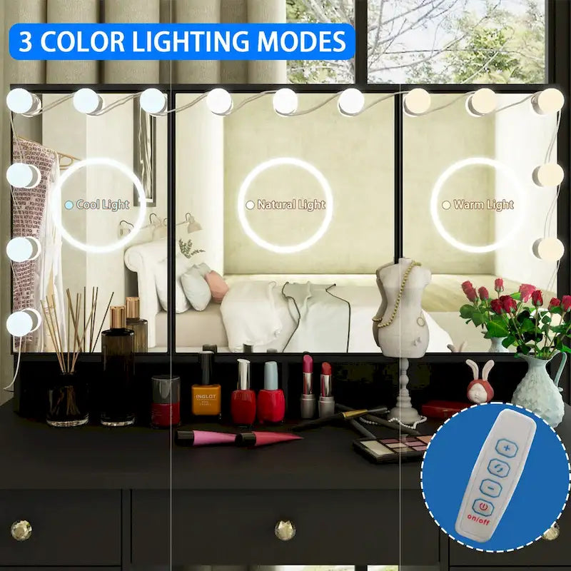 3-Specchio Tavolo da Trucco Elegante con 9 Cassetti Organizzatore Scrivania Toeletta