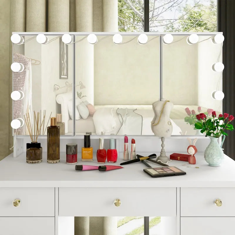 3-Specchio Tavolo da Trucco Elegante con 9 Cassetti Organizzatore Scrivania Toeletta
