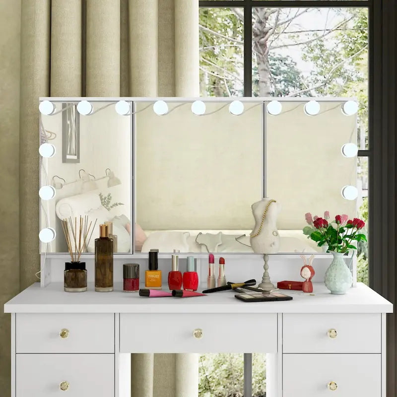 3-Specchio Tavolo da Trucco Elegante con 9 Cassetti Organizzatore Scrivania Toeletta