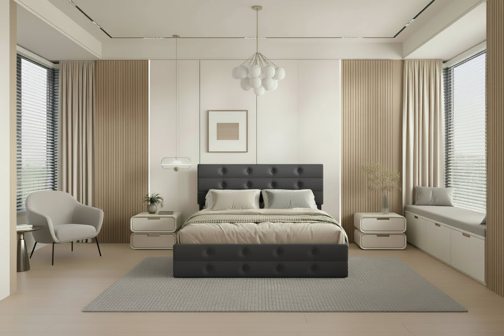 Queen Size Upholstered Linen Fabric Trundle bed