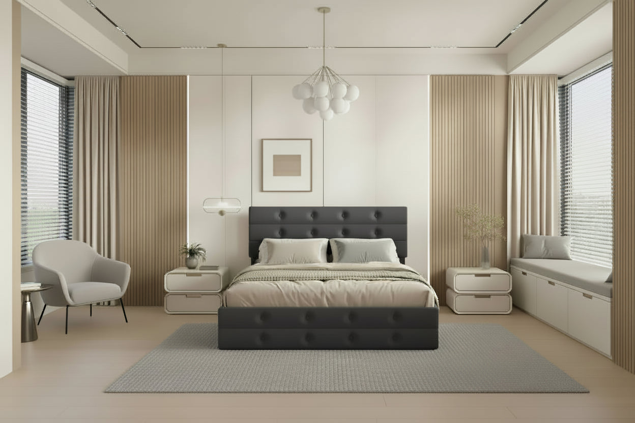 Queen Size Upholstered Linen Fabric Trundle bed