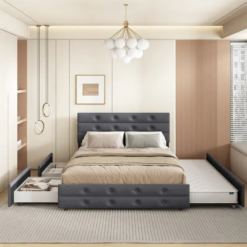 Letto estraibile Queen Size in tessuto di lino imbottito